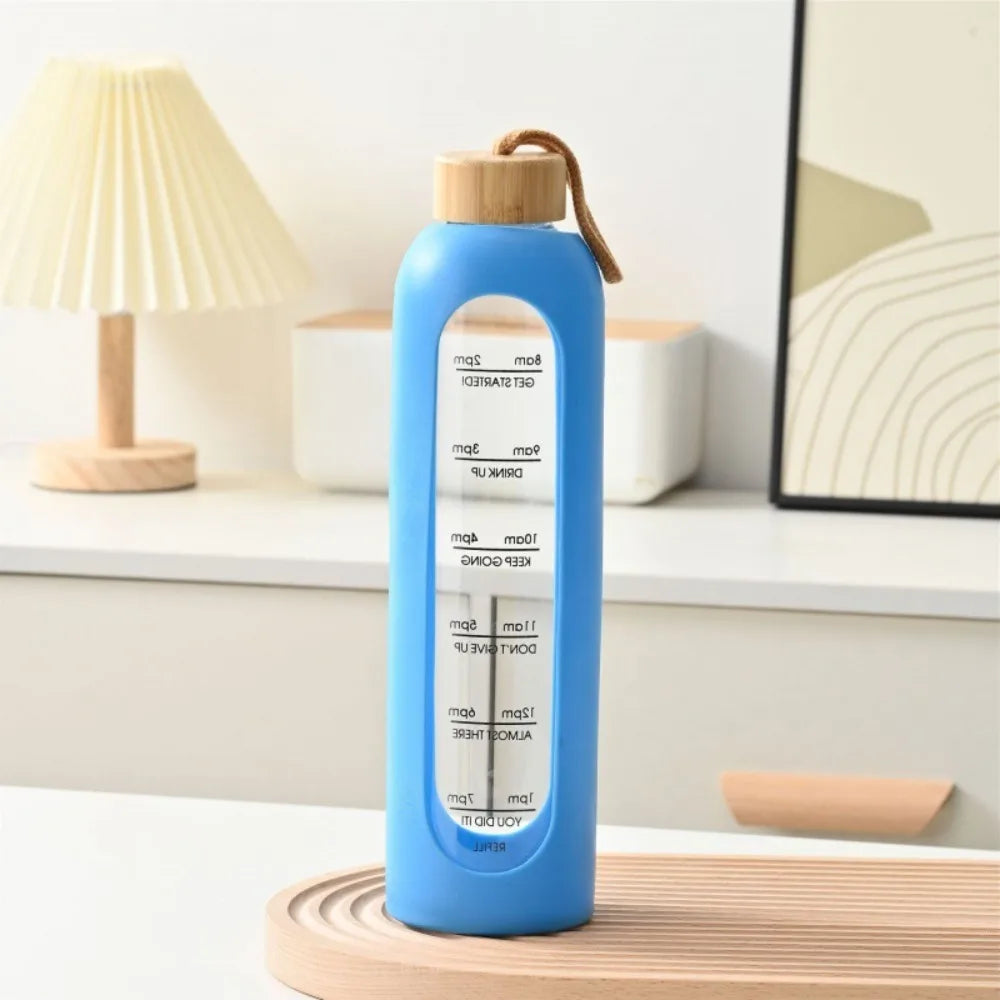 1L Glas-Trinkflasche mit Zeitmarkierung & Bambusdeckel