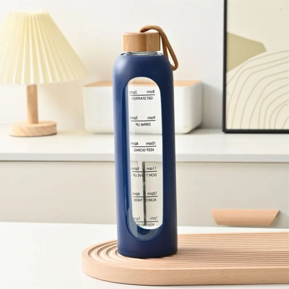 1L Glas-Trinkflasche mit Zeitmarkierung & Bambusdeckel