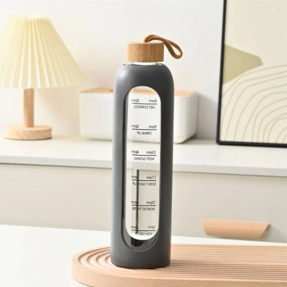 1L Glas-Trinkflasche mit Zeitmarkierung & Bambusdeckel