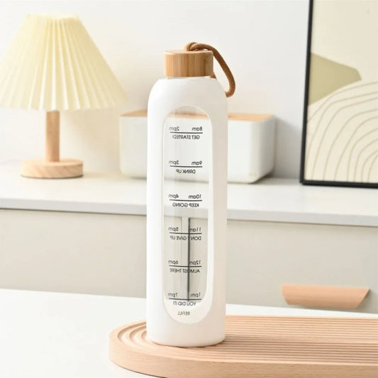 1L Glas-Trinkflasche mit Zeitmarkierung & Bambusdeckel